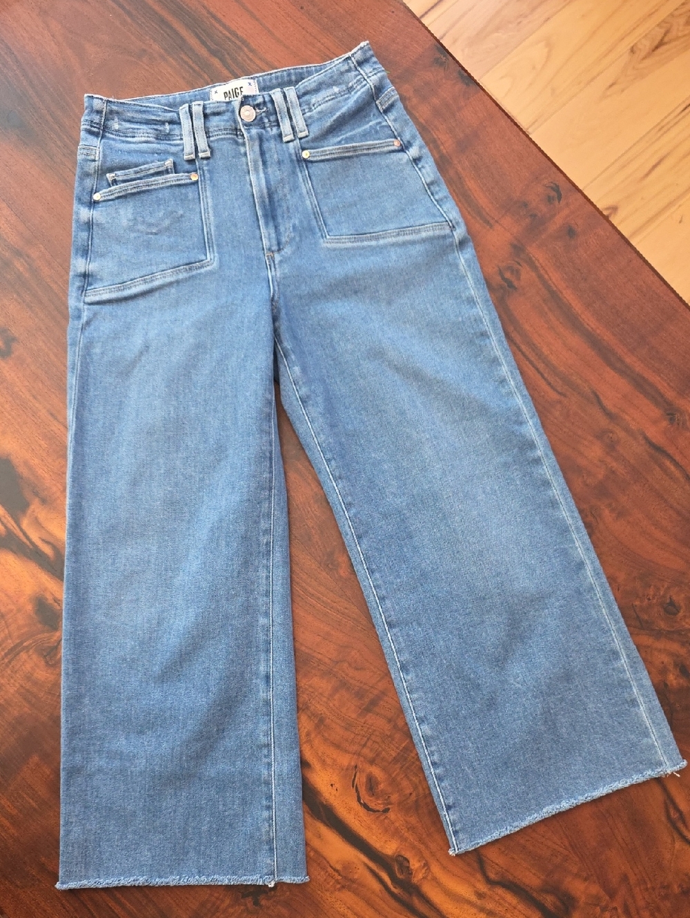PAIGE Light Blue Wide Leg Flare Jeans with Front Patch Pockets